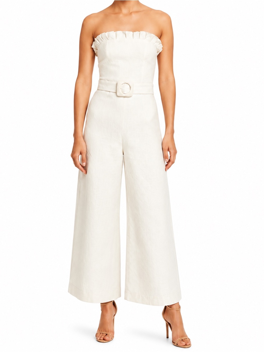 ALEXIS Strapless Linen Jumpsuit Cream Ivory Ruffle Belted Wide Leg Romper Medium